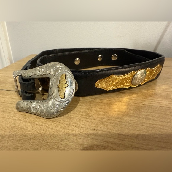 big al Accessories - Western Cowgirl Black Leather Belt Concho Heart German Silver Big Al's 38”